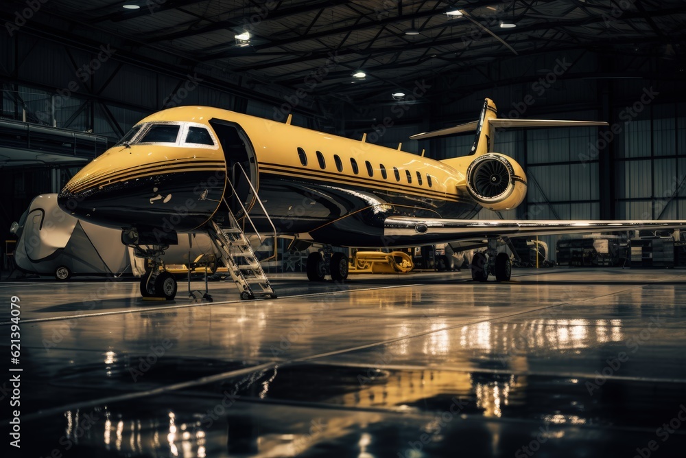 Private jet being serviced in aircraft hanger Private jet being serviced in aircraft hanger