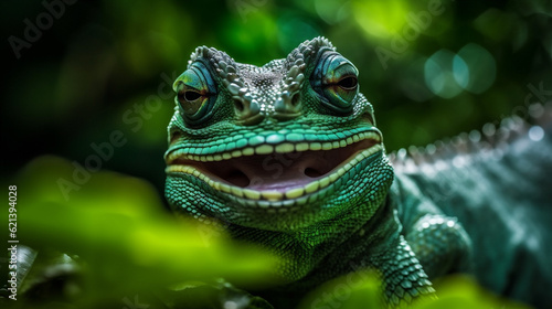 portrait close-up glasses iguana animal wildlife lizard green scale reptile. Generative AI.