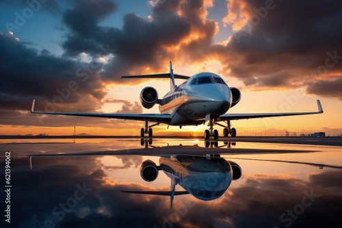 A Gulfstream G650, private jet is parked on a highly reflective taxiway with a sunset sky in the background. 