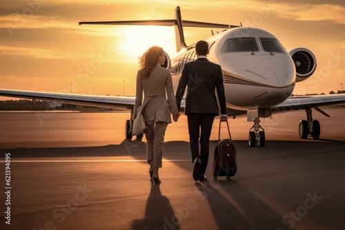 Wealthy couple with bags walking towards a luxury private jet at sunset