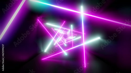 Flying inside geometrical futuristic tunnel with glowing flourescent ultraviolet, pink, purple and blue neon lights - 3D 4k seamless loop animation (7680x4320px)