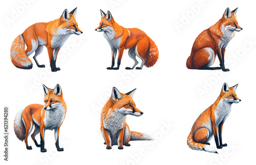 Fox in different poses. Vector set illustration realistic hand drawn watercolor.