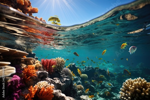 Fototapeta Naklejka Na Ścianę i Meble -  Underwater shot of a vibrant coral reef teeming with marine life. Generative AI