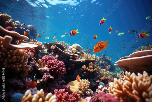Fototapeta Naklejka Na Ścianę i Meble -  Underwater shot of a vibrant coral reef teeming with marine life. Generative AI