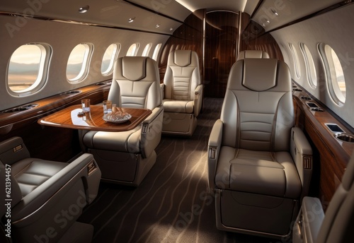 An interior view of a high-end Private Jet with Luxury white leather seats and an exotic hardwood tables. © David
