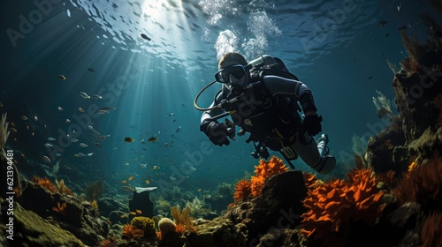 Underwater shot, scuba diver exploring coral reef, ocean. Generative AI