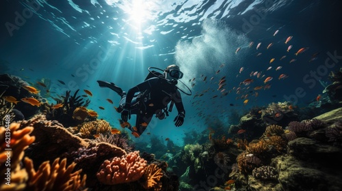 Underwater shot, scuba diver exploring coral reef, ocean. Generative AI © GMZ