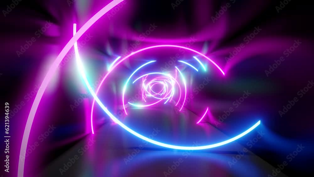 Flying inside geometrical futuristic tunnel with glowing circular ultraviolet, pink, purple and blue neon lights - 3D 4k seamless loop animation (7680x4320px) Flying inside geometrical futuristic tunnel with glowing circular ultraviolet, pink, purple and blue neon lights - 3D 4k seamless loop animation (7680x4320px)