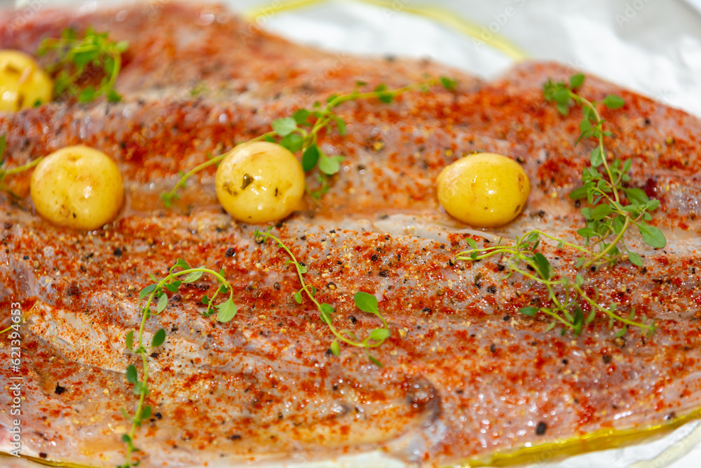 Traditional anchovy fish (Pomatomus saltador) seasoned ready to be baked in the oven Traditional anchovy fish (Pomatomus saltador) seasoned ready to be baked in the oven