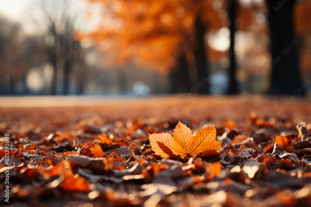 Fall leaves are falling onto a ground, in the style of bokeh panorama, orange, detailed landscapes. AI generative
