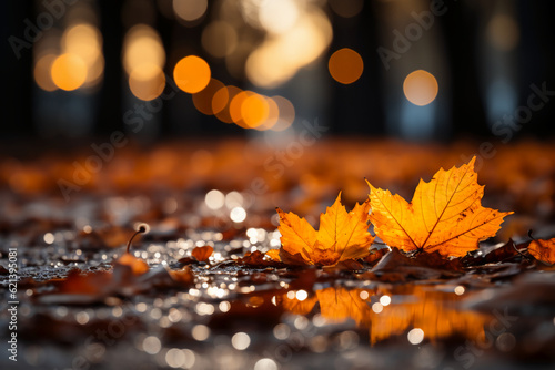 Fall leaves are falling onto a ground  in the style of bokeh panorama  orange  detailed landscapes. AI generative