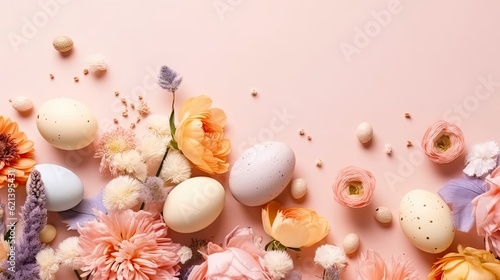 Happy Easter Day banner concept design of colorful eggs and flowers on pastel background