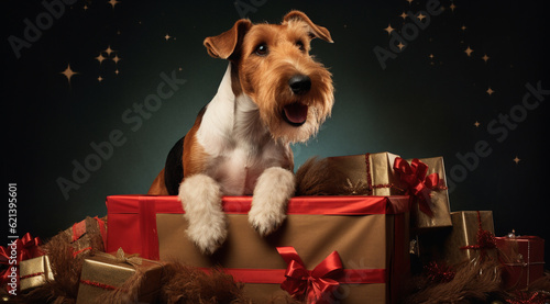 christmas fox terrier dog with gift boxes on top generativa IA