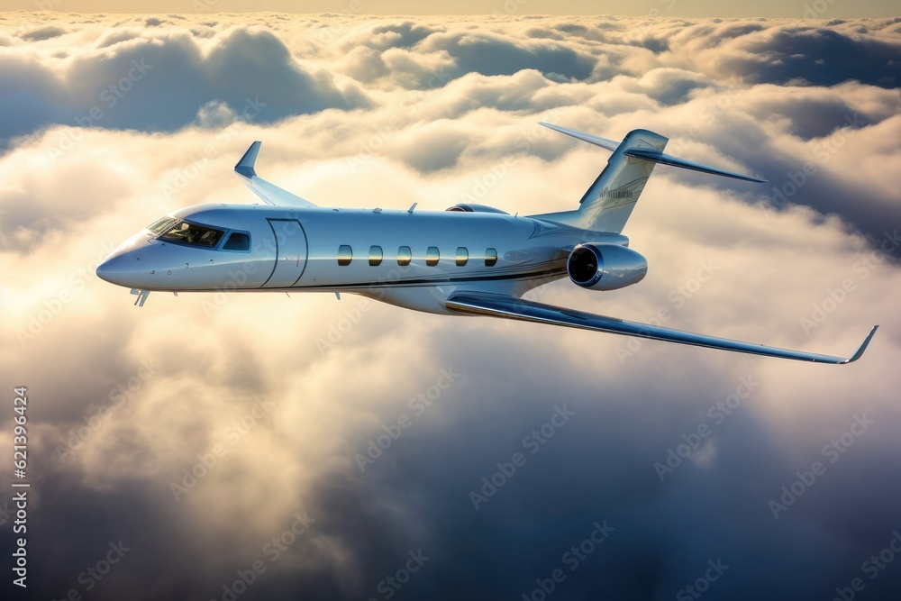 An aerial view of a Gulfstream G650, private jet a into light high above cumulus clouds An aerial view of a Gulfstream G650, private jet a into light high above cumulus clouds