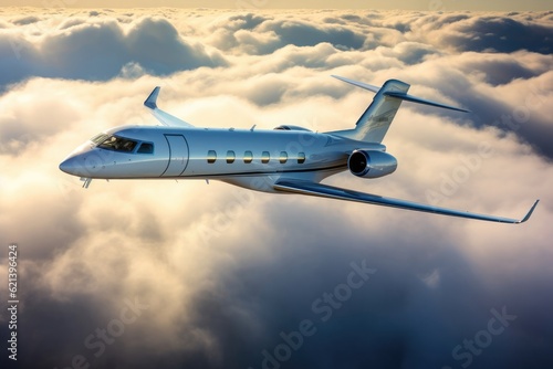 An aerial view of a Gulfstream G650, private jet a into light high above cumulus clouds