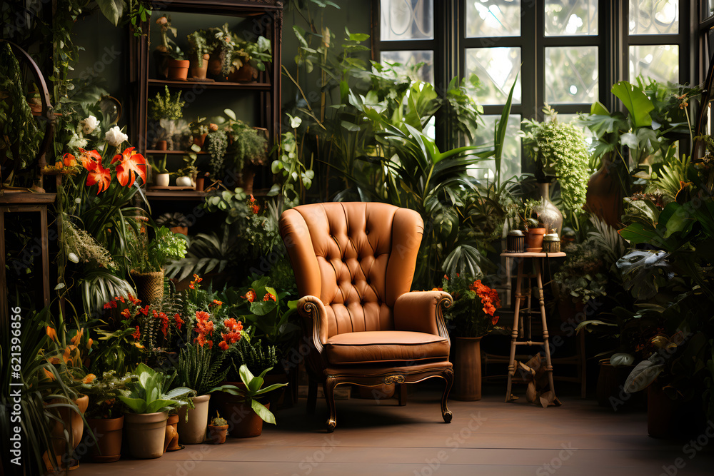 studio room backdrop template full of plants with a vintage chair