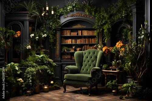 Vintage Studio Room Backdrop Template Brimming with Plants and a Chair
