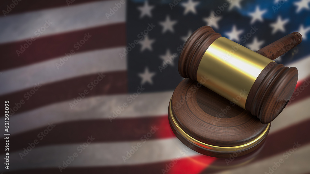 The wood hammer on United States flag for laws concept 3d rendering