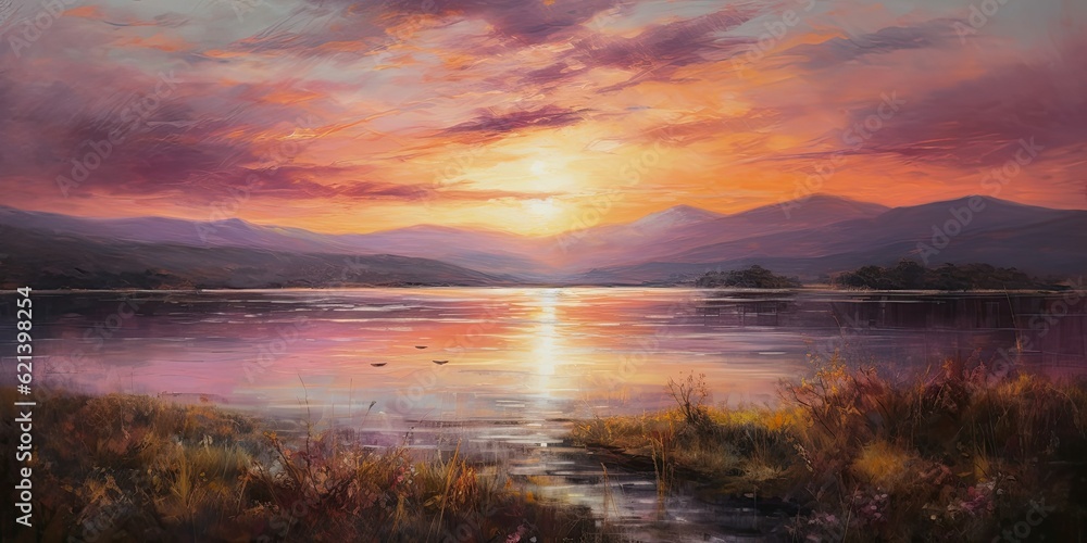 oil painting portraying a maroon sunset over a vast, serene lake   Generative AI Digital Illustration