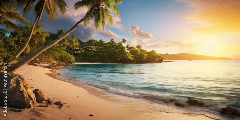 caribbean islands  Caribbean Coastal Bliss: Tranquil Beach Cove, Serene Oasis  Generative AI Digital Illustration