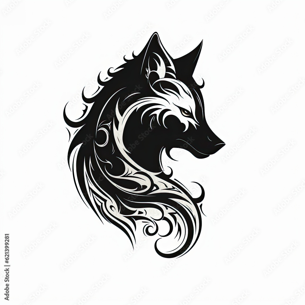 A black and white drawing of a wolf's head. Generative AI. A black and white drawing of a wolf's head. Generative AI.
