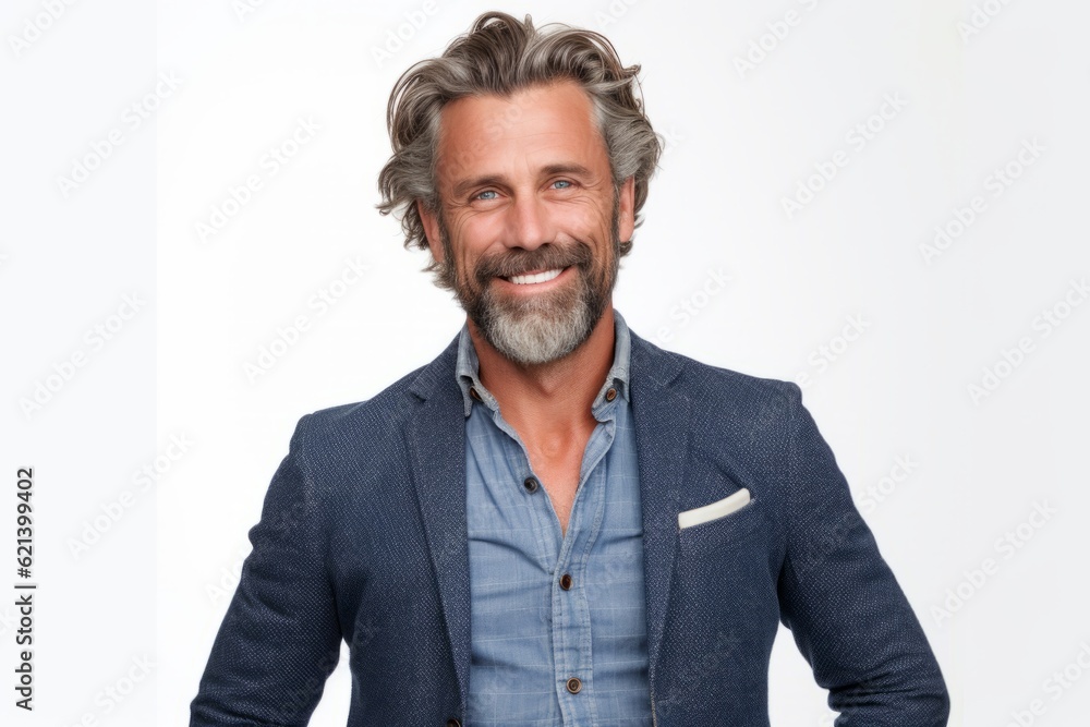 man in his 40s that is wearing a stylish blazer and jeans against a white background man in his 40s that is wearing a stylish blazer and jeans against a white background