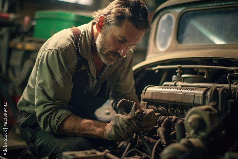A mechanic tightens a bolt on a classic car in a garage, his hands dirty and scarred from hard work. Generative AI A mechanic tightens a bolt on a classic car in a garage, his hands dirty and scarred from hard work. Generative AI