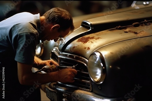 A mechanic tightens a bolt on a classic car in a garage, his hands dirty and scarred from hard work. Generative AI © GMZ