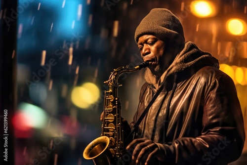 A street musician plays a soulful melody on a saxophone. Generative AI