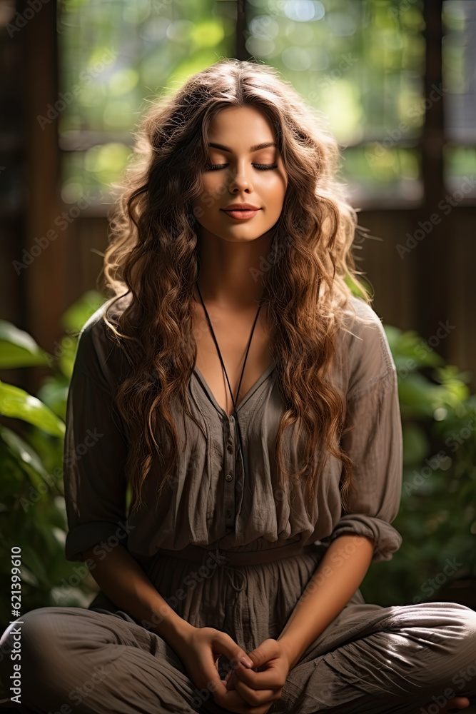 A woman sitting in a lotus position with her eyes closed. Generative AI. Yoga or meditation. A woman sitting in a lotus position with her eyes closed. Generative AI. Yoga or meditation.