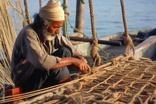 An old fisherman repairs his net on the wooden deck of a rustic boat. Generative AI