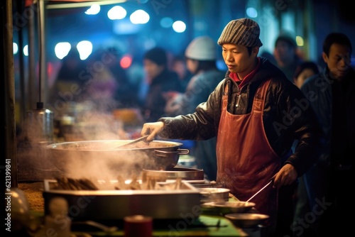 On a bustling street market in Southeast Asia, a vendor is preparing traditional street food under the warm glow of hanging lanterns. Generative AI