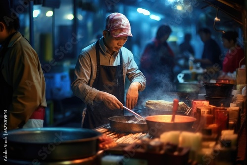 On a bustling street market in Southeast Asia, a vendor is preparing traditional street food under the warm glow of hanging lanterns. Generative AI