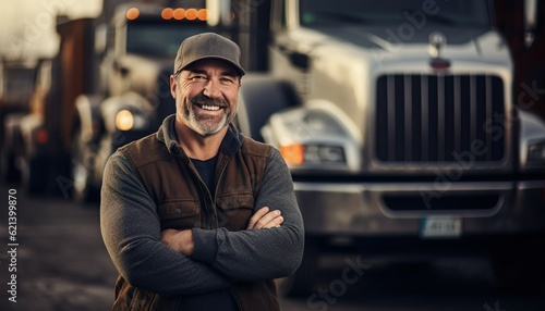 A man is standing by trucks with his arms crossed, Generative AI