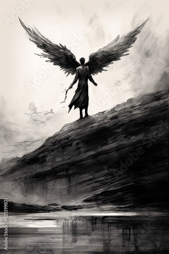 Fotografie A black and white drawing of an angel standing on a hill