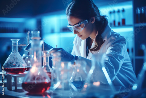 Woman chemist testing a liquid in the lab, Generative AI