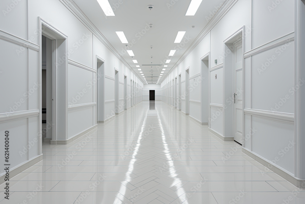 A long hallway with white walls and flooring. Generative AI.