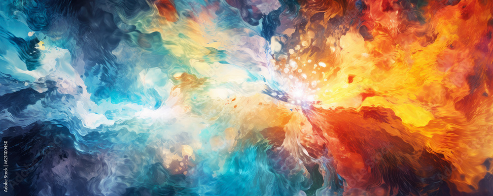 abstract background resembling a fusion of water and fire, with swirling waves and fiery bursts, capturing the elements in a mesmerizing dance panorama