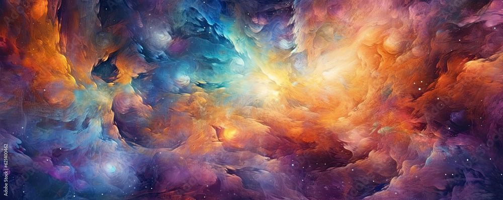 abstract background resembling a cosmic symphony of celestial bodies and ethereal light, painting the universe with breathtaking beauty panorama