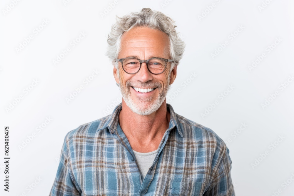man in his 50s that is wearing a casual plaid dress against a white background man in his 50s that is wearing a casual plaid dress against a white background