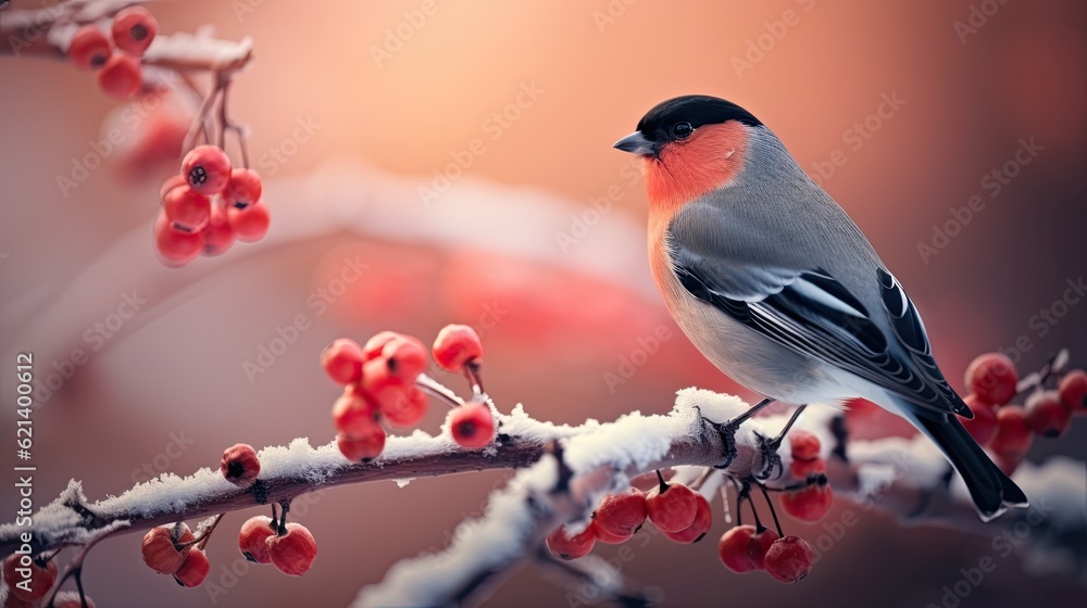 Obraz premium A bird sitting on a branch of a tree. Generative AI. Wintertime or Christmas greeting card design.