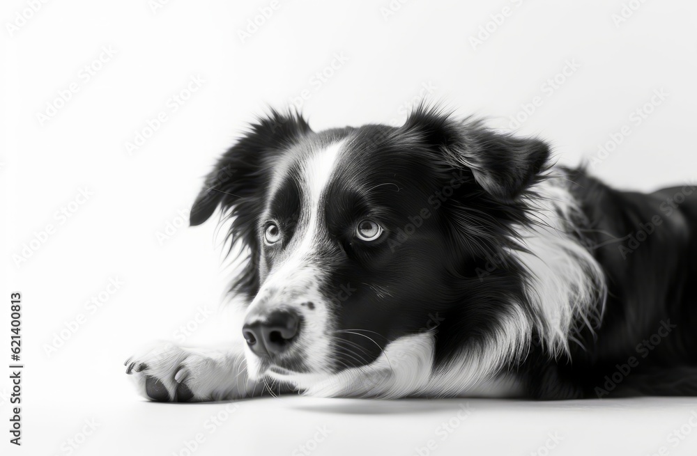 Cute Black and White Dog Lying on Sparkling White Background Generative AI