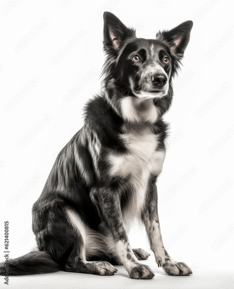 Loyal Black and White Dog Sitting in Front of White Background Generative AI Loyal Black and White Dog Sitting in Front of White Background Generative AI