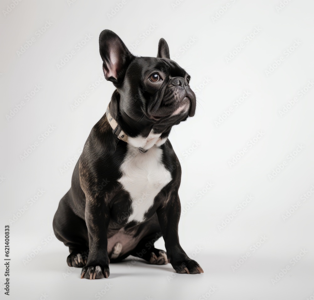 Adorable Black & White French Bulldog Sitting Contentedly - Perfect Photo for Stock Collection! Generative AI