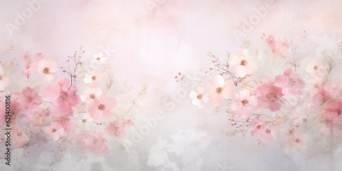 A painting of pink flowers on a white background. Generative AI. Floral backdrop.