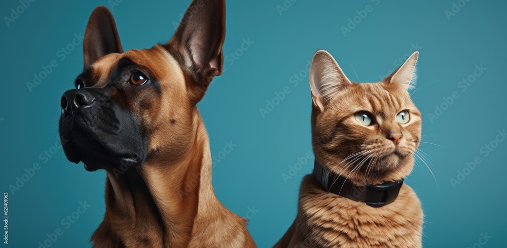 Two Best Friends: Cat and Dog Standing Side-by-Side on a Blue Background Generative AI