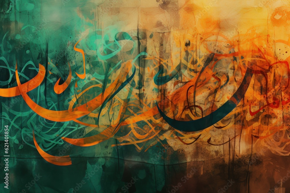 Beautiful Muslim Calligraphy on a Vibrant Orange and Green Background Generative AI