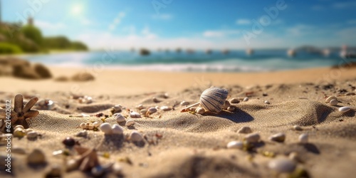 Blue straw hat on beach sand holiday background. AI Generated © Montalumirock