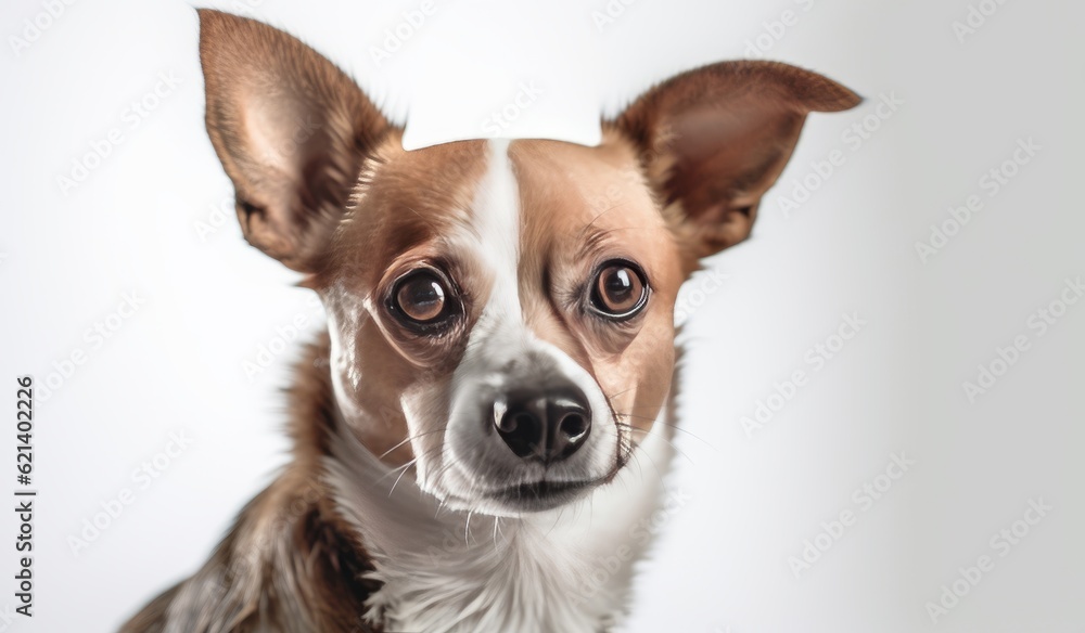 Obraz premium Adorable Small Brown and White Dog Sitting Against a White Background Generative AI