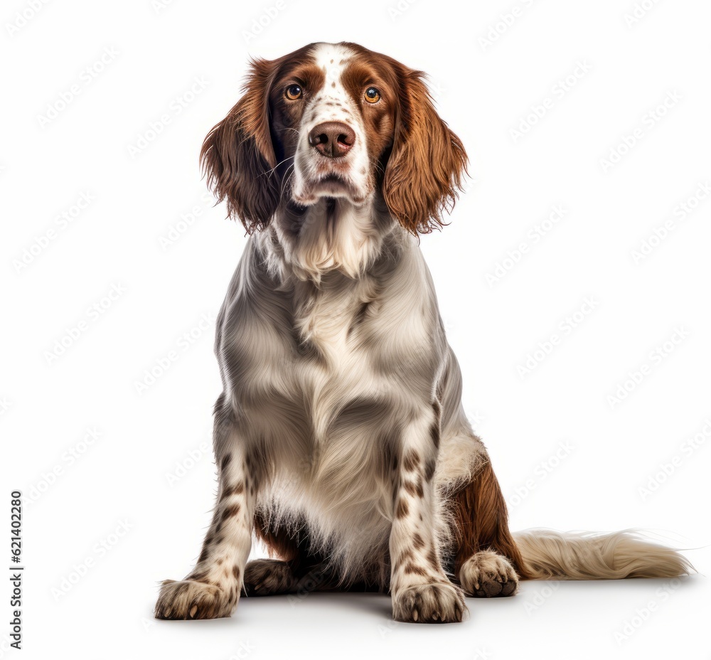 Adorable Springer Spaniel Sitting in Front of White Background Generative AI